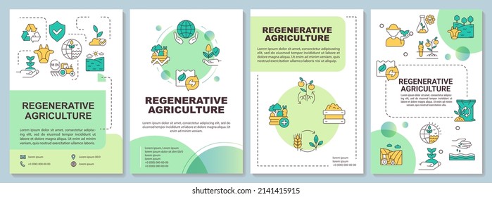 Regenerative agriculture green brochure template. Save ecology. Leaflet design with linear icons. 4 vector layouts for presentation, annual reports. Arial-Bold, Myriad Pro-Regular fonts used