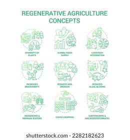 Regenerative agriculture green gradient concept icons set. Gardening and farming approach idea thin line color illustrations. Isolated symbols. Roboto-Medium, Myriad Pro-Bold fonts used