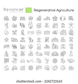 Regenerative agriculture linear icons set. Ecologically safe farming. Nature conservation. Ecosystem. Customizable thin line symbols. Isolated vector outline illustrations. Editable stroke