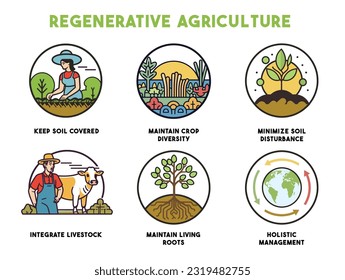 Regenerative landwirtschaftliche Methode für die Gesundheit des Bodens und Vitalität Icons gesetzt. landwirtschaftliche Grundsätze zur Sanierung oder Verbesserung der Bodenschicht und der biologischen Vielfalt der Kulturen. Vektorgrafik.