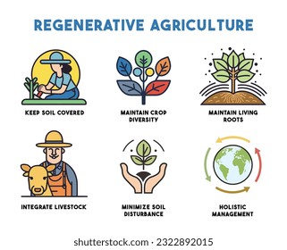 Método de agricultura regenerativa para la salud del suelo y la vitalidad Iconos. Principios agrícolas para rehabilitar o mejorar la capa superficial del suelo y la biodiversidad de los cultivos. Vector.