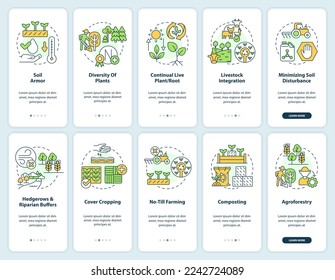 Regenerative agriculture onboarding mobile app screens set. Walkthrough 5 steps editable graphic instructions with linear concepts. UI, UX, GUI template. Myriad Pro-Bold, Regular fonts used