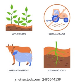 Conjunto de iconos planos de principios de agricultura regenerativa. Agricultura sostenible, restauración del suelo. Ilustración vectorial.