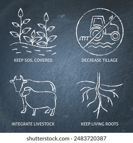 Regenerative agriculture principles icon set on chalkboard. Sustainable farming, soil restoration. Vector illustration.