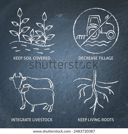 Regenerative agriculture principles icon set on chalkboard. Sustainable farming, soil restoration. Vector illustration.