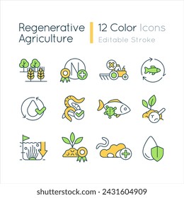 Regenerative agriculture RGB color icons set. Ecosystem conservation. Ecology. Farming and gardening. Isolated vector illustrations. Simple filled line drawings collection. Editable stroke