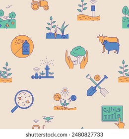 Regenerative agriculture seamless pattern. Farm equipment, smart farming. Vector illustration