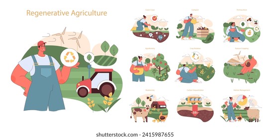 Regenerative Agriculture set. Sustainable farming practices and soil health. Organic crop growth, eco-friendly livestock management. Ecological balance and renewable methods.