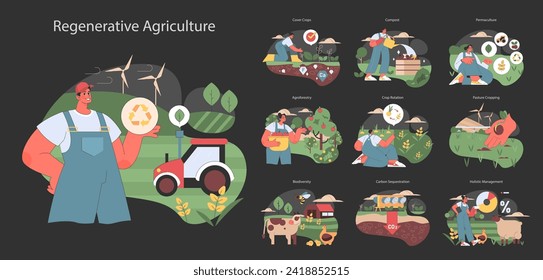 Regenerative Agriculture set. Sustainable farming practices and soil health. Organic crop growth, eco-friendly livestock management. Ecological balance and renewable methods.