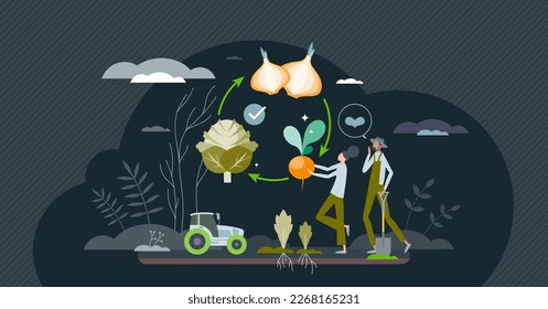 Regenerative agriculture for soil health and water saving tiny person concept. Effective cycle for farmland fertility conservation and sustainable farming for ecological products vector illustration