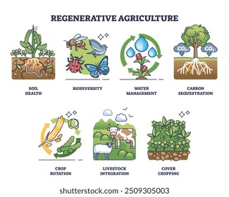 La agricultura regenerativa y las prácticas agrícolas sostenibles esbozan la colección. Elementos etiquetados con rotación de cultivos para la salud, la biodiversidad, la gestión del agua y la Ilustración vectorial del secuestro de CO2