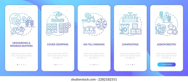 Regenerative agriculture techniques blue gradient onboarding mobile app screen. Walkthrough 5 steps graphic instructions with linear concepts. UI, UX, GUI template. Myriad Pro-Bold, Regular fonts used