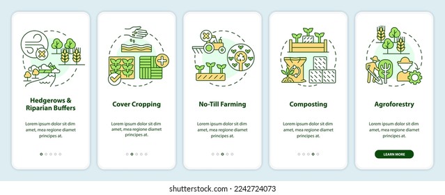 Regenerative agriculture techniques onboarding mobile app screen. Walkthrough 5 steps editable graphic instructions with linear concepts. UI, UX, GUI template. Myriad Pro-Bold, Regular fonts used