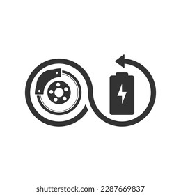 Regenerative braking icon. Break electric regeneration electricity. EV generate electricity sign. Black and white color vector illustration.