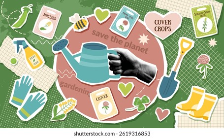 Regenerative farming collage banner with human hands photos holding watering can, garden equipment and seeds of cover crops in pop art style. Spring and gardening trendy background.