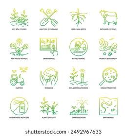 Regenerative farming principles icon set in line style. Vector illustration.