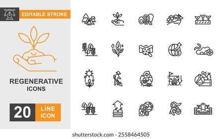 Regenerative line editable icon set. Ecosystem, nature, organic, recycling and more line icons.