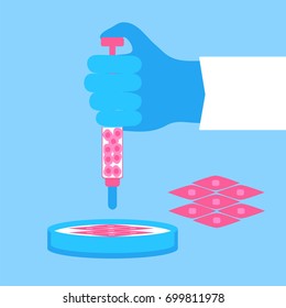 Regenerative Medicine Concept. Stock Vector Illustration Of A Doctor's Hand Growing A New Muscle Tissue From Stem Cells In Petri Dish.