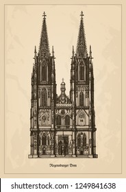 Regensburg Cathedral (Dom St. Peter or Regensburger Dom) landmark for the city of Regensburg - example of Gothic architecture within the German state of Bavaria - vintage vector illustration