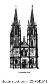 Regensburg Cathedral (Dom St. Peter or Regensburger Dom) landmark for the city of Regensburg - example of Gothic architecture within the German state of Bavaria - black and white vector illustration