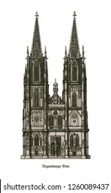 Catedral de Regensburg (Dom St. Peter o Regensburger Dom), punto de referencia de la ciudad de Regensburg - ejemplo de arquitectura gótica en el estado alemán de Baviera - ilustración vintage