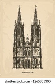 Regensburg Cathedral (Dom St. Peter or Regensburger Dom) landmark for the city of Regensburg - example of Gothic architecture within the German state of Bavaria - vintage vector illustration