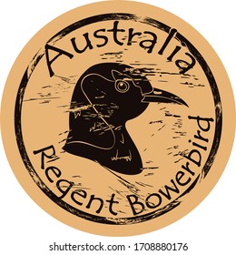 Regent bowerbird silhouette icon round shabby emblem design old retro style. Australian regentbird head logo mail stamp on craft paper vintage grunge sign. Australian regent bird fauna Australia.