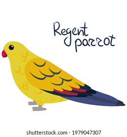 Regent parrot or rock pebbler in cartoon style on white background. Vector hand drawn illustration. Polytelis anthopeplus