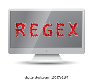 Regex of red polygons inscription from programming area on monitor screen of grey monoblock. Digital regular expressions are patterns used to match character combinations in strings concept