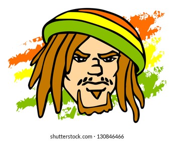 Reggae character. Portrait of Rastafarian. Vector iliustration.