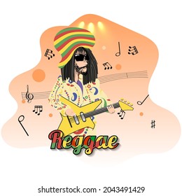 reggae guitar cartoon sticker. bearded guitarist in sunglasses, clothing, matches the style of his music, playing the guitar on the background of the art forms, music, spotlight. vector
