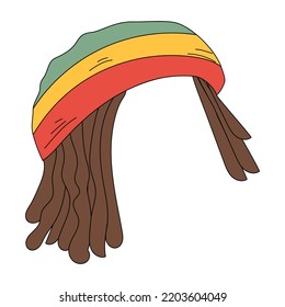 Reggae hat isolated on white background. Jamaican rasta hat with dreadlocks. Reggae style avatar. Cartoon vector illustration