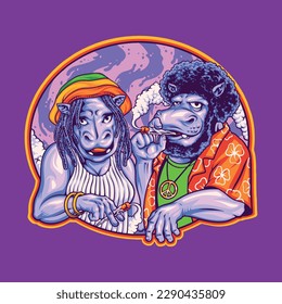 reggae hippotamus couple smoking weed illustration for tshirt design, logo, or stickers