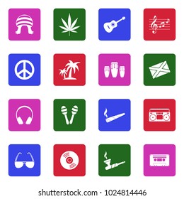 Reggae Icons. White Flat Design In Square. Vector Illustration. 