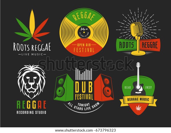 Reggae
logos. Vector badges for reggae festival, radio station or
rastafarian bar. Vintage music labels with marijuana leaf, vinyl
disc, microphone, guitar, lion and
speakers.