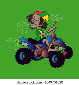 reggae man vector ride in atv bike still high