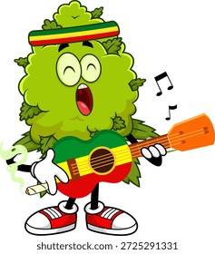 Reggae Maconha Bud Cartoon Personagem Tocando Violão - Mão Vetor Desenhado Ilustração Isolada Em Fundo Transparente