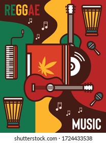 Reggae music background vector illustration. Vinyl reggae music illustration. Symbols of reggae music instrument and rastafarian

