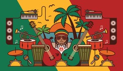 Reggae Music Beach Party Background Illustration. Reggae Music Instrument Vector Illustration. Symbols Of Jamaican Culture And Reggae Music. Isolated Items Of Rastafarian Lifestyle