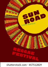 reggae music classic color concept poster. Jamaica style vector illustration with tribal hand drawn folk style sun