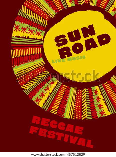 レゲエ音楽のクラシックカラーコンセプトポスター ジャマイカ風のベクターイラストと部族手描きの民族風の太陽 のベクター画像素材 ロイヤリティフリー