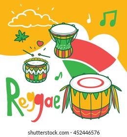 Reggae Music. Composition with Drums, Heart. Peace, Love, Rasta.