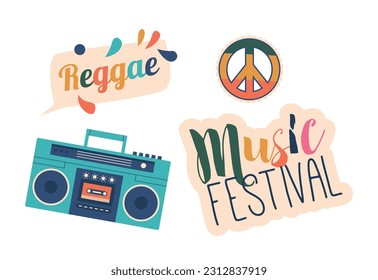 Reggae Music Festival Icons, Peace Sign, Tape Recorder and Lettering Elements Isolated on White Background