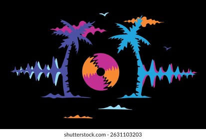 Reggae Music Festival. Night Party Design with Vinyl Record, Sound Diagrams, Palm Trees and Clouds in neon colors. Surreal Psychedelic Retro style