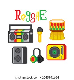 Reggae music icon set. Pixel art. Old school computer graphic style. 8 bit video game. game element.