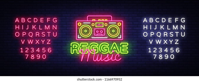 Reggae Music Neon Logo Vector. Reggae neon sign concept, design template, modern trend design, night neon signboard, night bright advertising, light banner, light art. Vector. Editing text neon sign