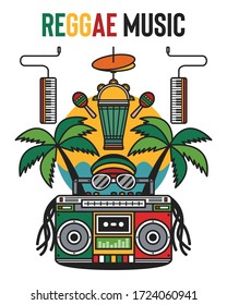 Reggae music party background illustration. Boombox reggae music and instrument vector. Symbols of Jamaican culture and reggae music. Items of rastafarian lifestyle