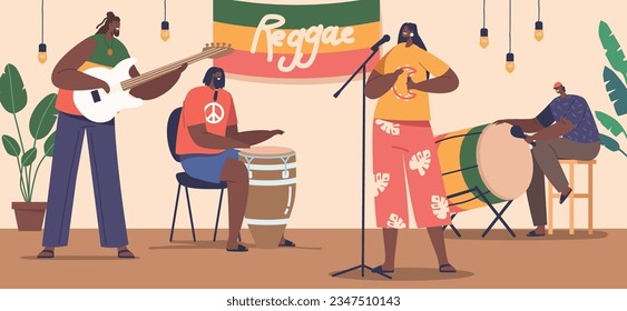 Reggae Musicians On Stage Exude Vibrant Energy With Their Rhythmic Movements And Soulful Vocals, Vector Illustration