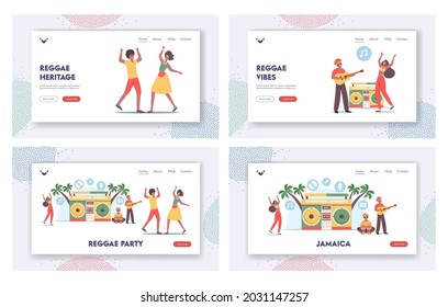 Reggae Party Landing Page Template Set. Tiny Rasta Characters In Jamaica Costumes Dance And Playing Guitar Or Drum At Huge Tape Recorder On Beach. People Music Fun. Cartoon Vector Illustration