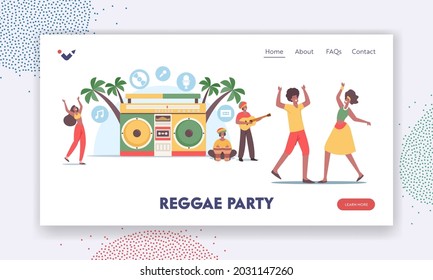 Reggae Party Landing Page Template. Tiny Rasta Characters In Jamaica Costumes Dance And Playing Guitar Or Drum Instruments At Huge Tape Recorder On Beach. People Music Fun. Cartoon Vector Illustration